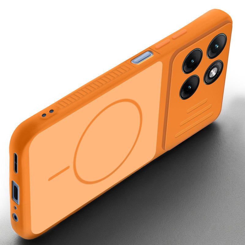 Angled view of Orange mobile case for Motorola G37 Power 5G with proper charging port cutout, speaker holes and strong corner protection.