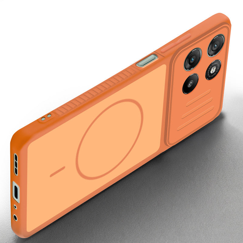 Angled view of Orange mobile case for Motorola G57 Power 5G with proper charging port cutout, speaker holes and strong corner protection.