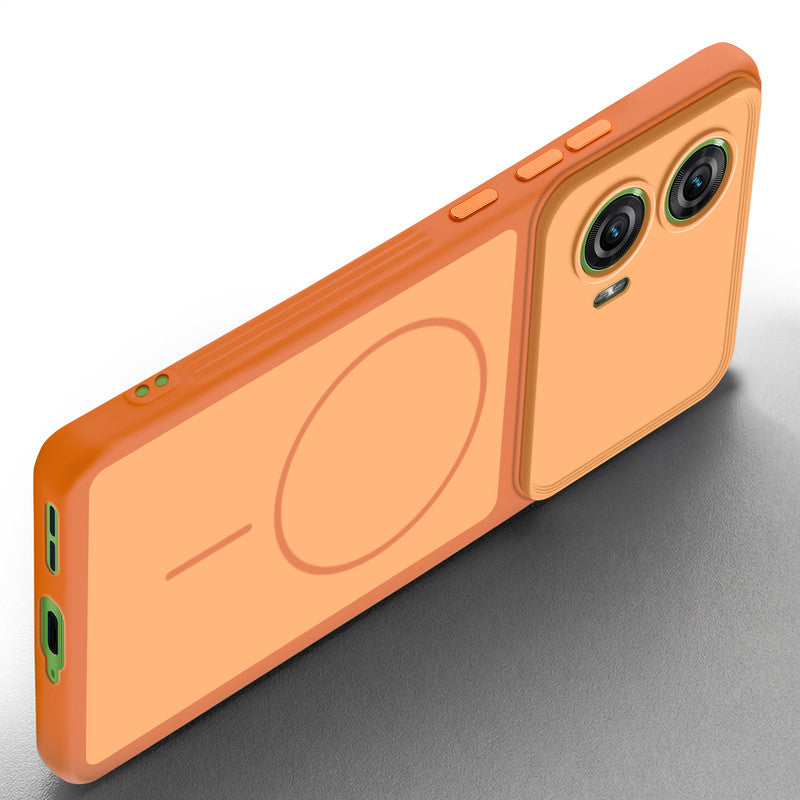 Slim silicone Orange phone case for Motorola Moto Edge 50 Fusion 5G side angle view showing grip texture and precise cutouts