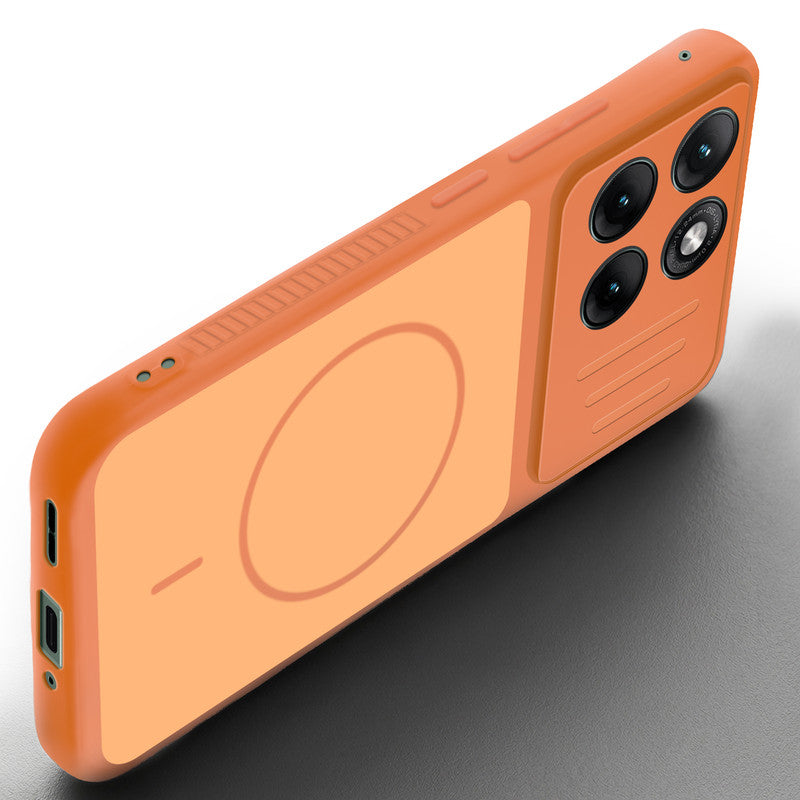 Angled view of Orange mobile case for Motorola Moto Edge 70 Fusion 5G with proper charging port cutout, speaker holes and strong corner protection.
