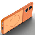Angled view of Orange mobile case for Motorola Moto G85 5G with proper charging port cutout, speaker holes and strong corner protection.