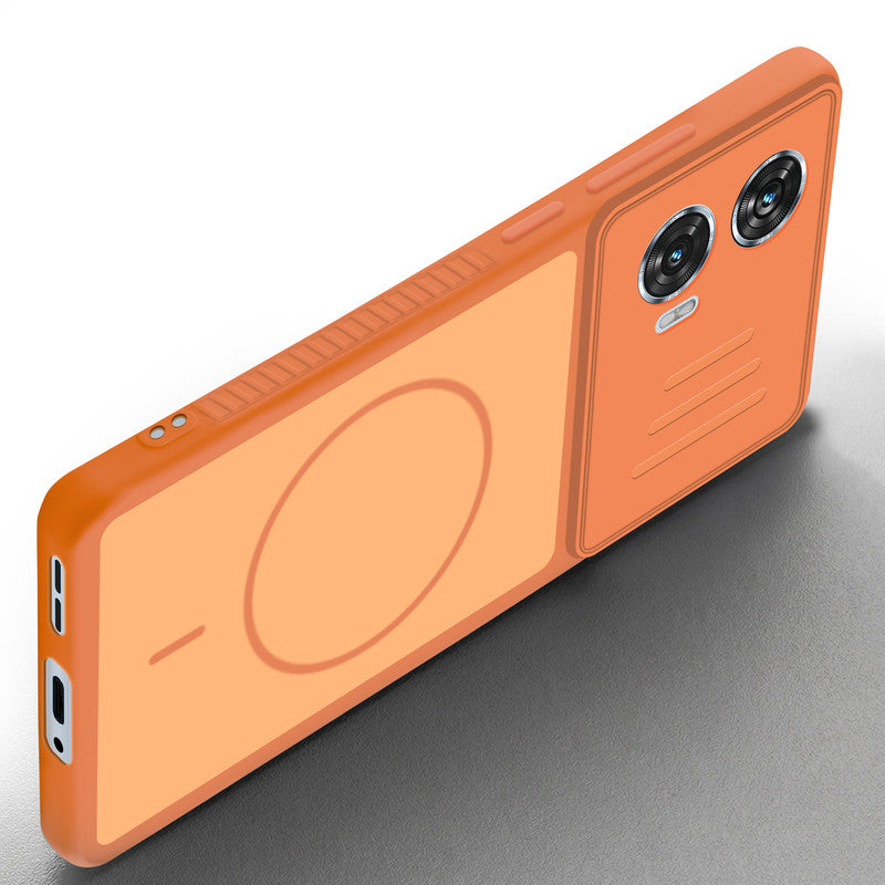 Angled view of Orange mobile case for Motorola Moto G85 5G with proper charging port cutout, speaker holes and strong corner protection.