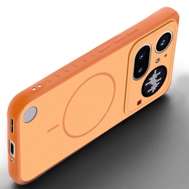 Angled view of Orange mobile case for Nothing Phone 4A Pro 5G with proper charging port cutout, speaker holes and strong corner protection.
