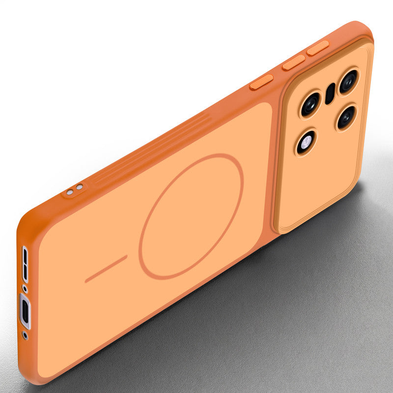 Slim silicone Orange phone case for OnePlus 15 5G side angle view showing grip texture and precise cutouts