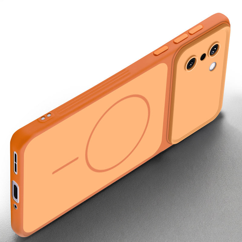 Slim silicone Orange phone case for OnePlus 15R 5G side angle view showing grip texture and precise cutouts