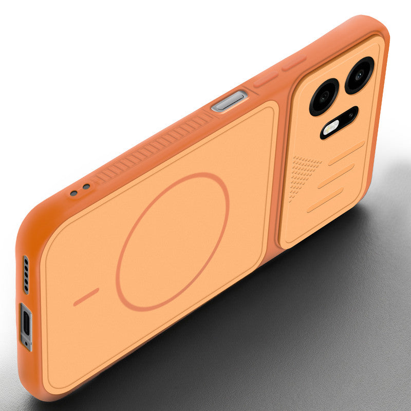 Angled view of Orange mobile case for OnePlus N6 5G with proper charging port cutout, speaker holes and strong corner protection.