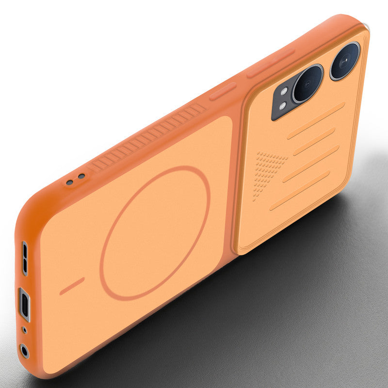 Angled view of Orange mobile case for OnePlus Nord CE 4 Lite 5G with proper charging port cutout, speaker holes and strong corner protection.