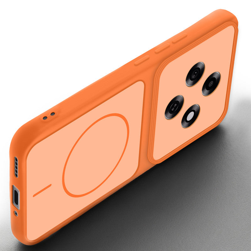 Angled view of Orange mobile case for Oppo F31 Pro 5G with proper charging port cutout, speaker holes and strong corner protection.