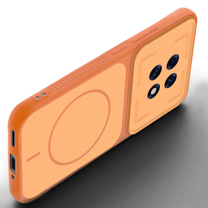 Angled view of Orange mobile case for Oppo F31 Pro Plus 5G with proper charging port cutout, speaker holes and strong corner protection.