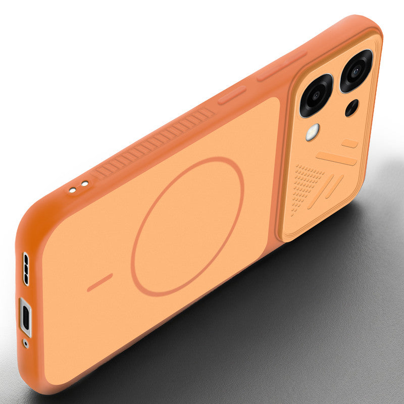 Angled view of Orange mobile case for Oppo F33 5G with proper charging port cutout, speaker holes and strong corner protection.