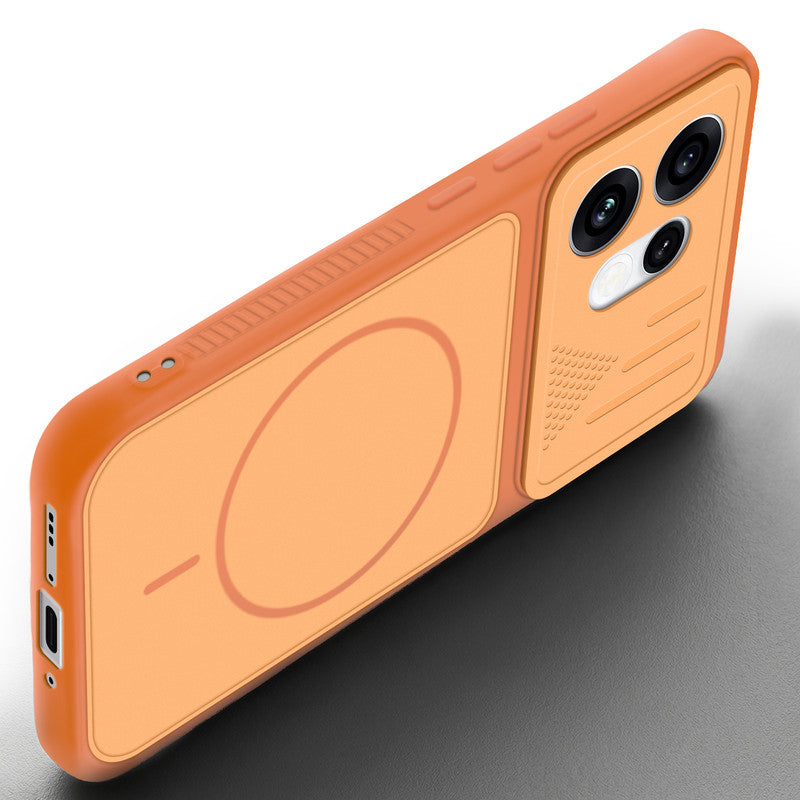 Angled view of Orange mobile case for Oppo Reno 16 5G with proper charging port cutout, speaker holes and strong corner protection.