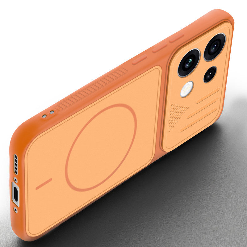Angled view of Orange mobile case for Oppo Reno 16 Pro 5G with proper charging port cutout, speaker holes and strong corner protection.