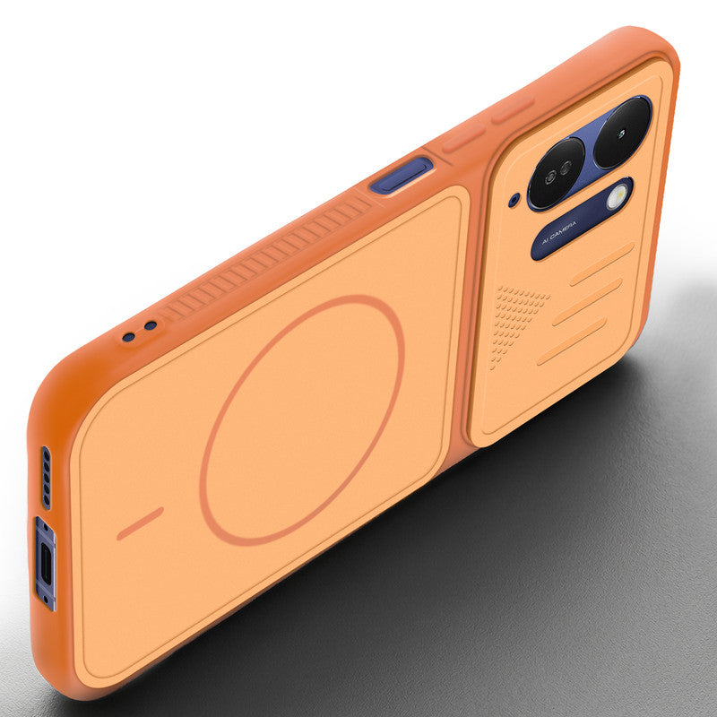 Angled view of Orange mobile case for Poco M8x 5G with proper charging port cutout, speaker holes and strong corner protection.