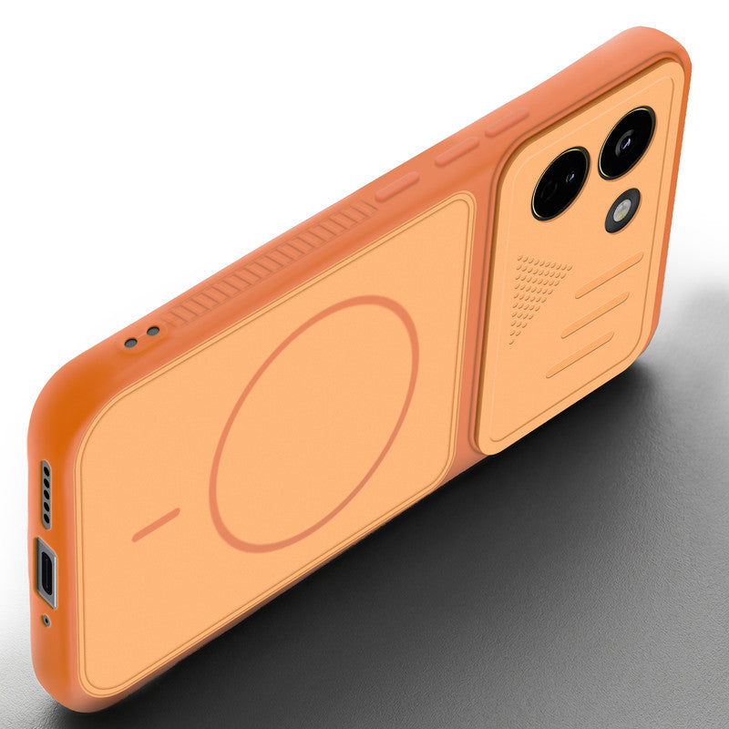 Angled view of Orange mobile case for Poco X8 Power 5G with proper charging port cutout, speaker holes and strong corner protection.