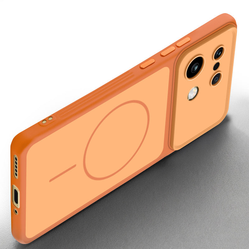 Slim silicone Orange phone case for Realme 16 Pro Plus 5G side angle view showing grip texture and precise cutouts
