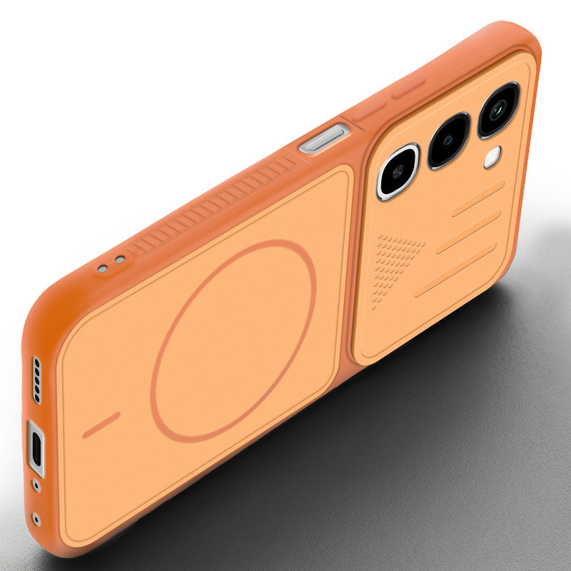 Angled view of Orange mobile case for Realme 16x 5G with proper charging port cutout, speaker holes and strong corner protection.