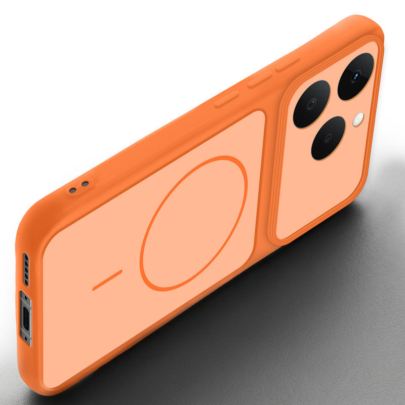 Angled view of Orange mobile case for Realme Narzo 90 5G with proper charging port cutout, speaker holes and strong corner protection.