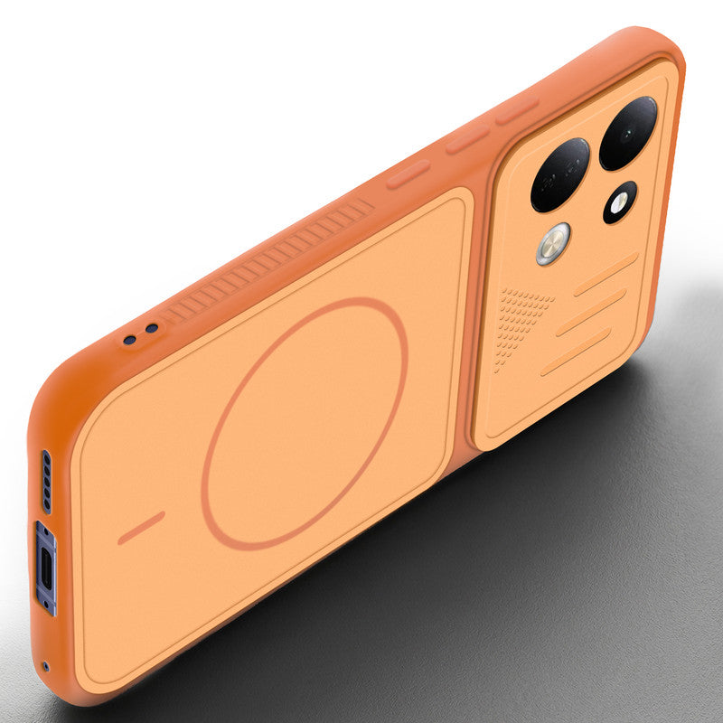 Angled view of Orange mobile case for Redmi 17 5G with proper charging port cutout, speaker holes and strong corner protection.