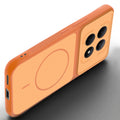 Angled view of Orange mobile case for Redmi Note 15 5G with proper charging port cutout, speaker holes and strong corner protection.