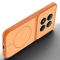 Angled view of Orange mobile case for Redmi Note 15 Pro 5G with proper charging port cutout, speaker holes and strong corner protection.