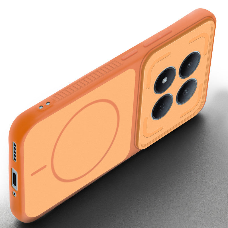 Angled view of Orange mobile case for Redmi Note 15 Pro 5G with proper charging port cutout, speaker holes and strong corner protection.