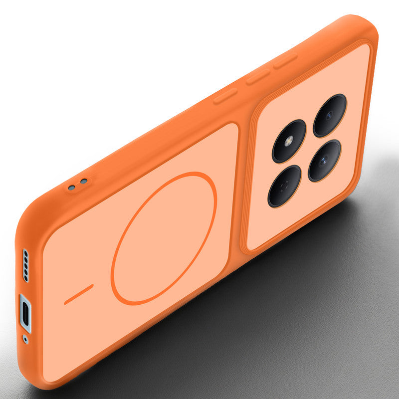 Angled view of Orange mobile case for Redmi Note 15 Pro 5G with proper charging port cutout, speaker holes and strong corner protection.