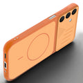 Angled view of Orange mobile case for Samsung A16 5G with proper charging port cutout, speaker holes and strong corner protection.