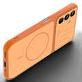 Angled view of Orange mobile case for Samsung A27 5G with proper charging port cutout, speaker holes and strong corner protection.