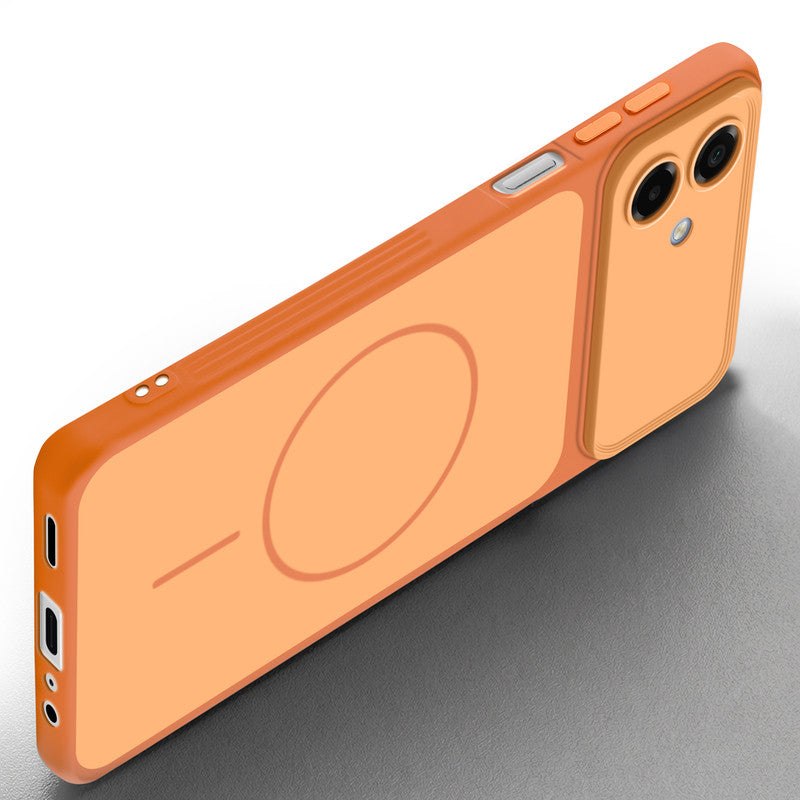 Slim silicone Orange phone case for Samsung M17e 5G side angle view showing grip texture and precise cutouts