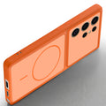 Angled view of Orange mobile case for Samsung S24 Ultra 5G with proper charging port cutout, speaker holes and strong corner protection.