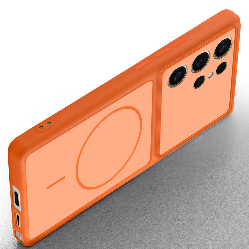 Angled view of Orange mobile case for Samsung S24 Ultra 5G with proper charging port cutout, speaker holes and strong corner protection.