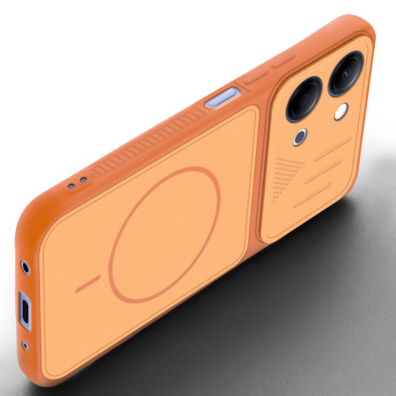 Angled view of Orange mobile case for Vivo T5 Lite 5G with proper charging port cutout, speaker holes and strong corner protection.