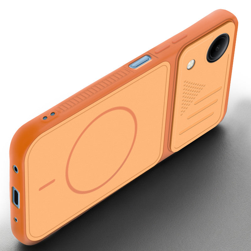 Angled view of Orange mobile case for Vivo T5e 5G with proper charging port cutout, speaker holes and strong corner protection.