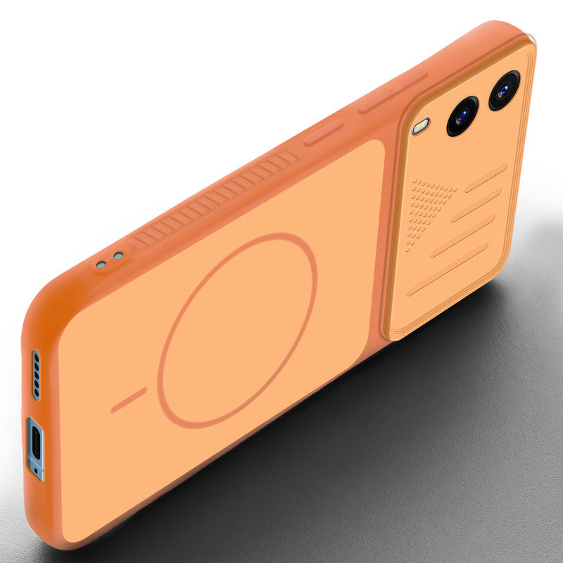 Angled view of Orange mobile case for Vivo V21e 5G with proper charging port cutout, speaker holes and strong corner protection.
