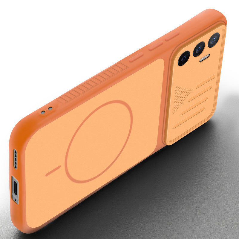 Angled view of Orange mobile case for Vivo V23e 5G with proper charging port cutout, speaker holes and strong corner protection.