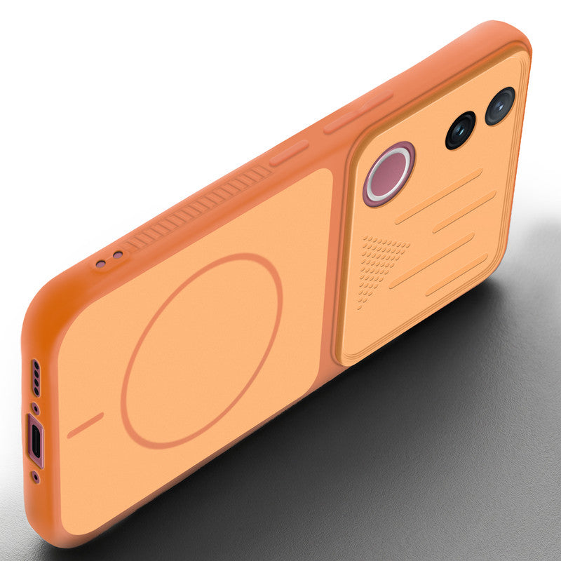Angled view of Orange mobile case for Vivo V50 5G with proper charging port cutout, speaker holes and strong corner protection.
