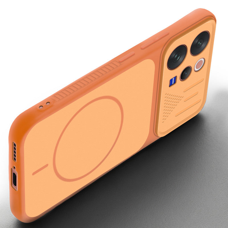 Angled view of Orange mobile case for Vivo V70 Elite 5G with proper charging port cutout, speaker holes and strong corner protection.