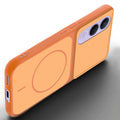 Angled view of Orange mobile case for Vivo V70 FE 5G with proper charging port cutout, speaker holes and strong corner protection.