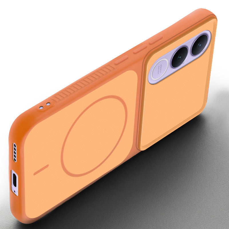 Angled view of Orange mobile case for Vivo V70 FE 5G with proper charging port cutout, speaker holes and strong corner protection.