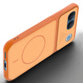 Angled view of Orange mobile case for Vivo V80 Lite 5G with proper charging port cutout, speaker holes and strong corner protection.