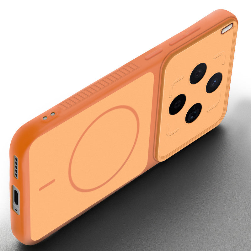 Angled view of Orange mobile case forMotorola Vivo X300 5G with proper charging port cutout, speaker holes and strong corner protection.