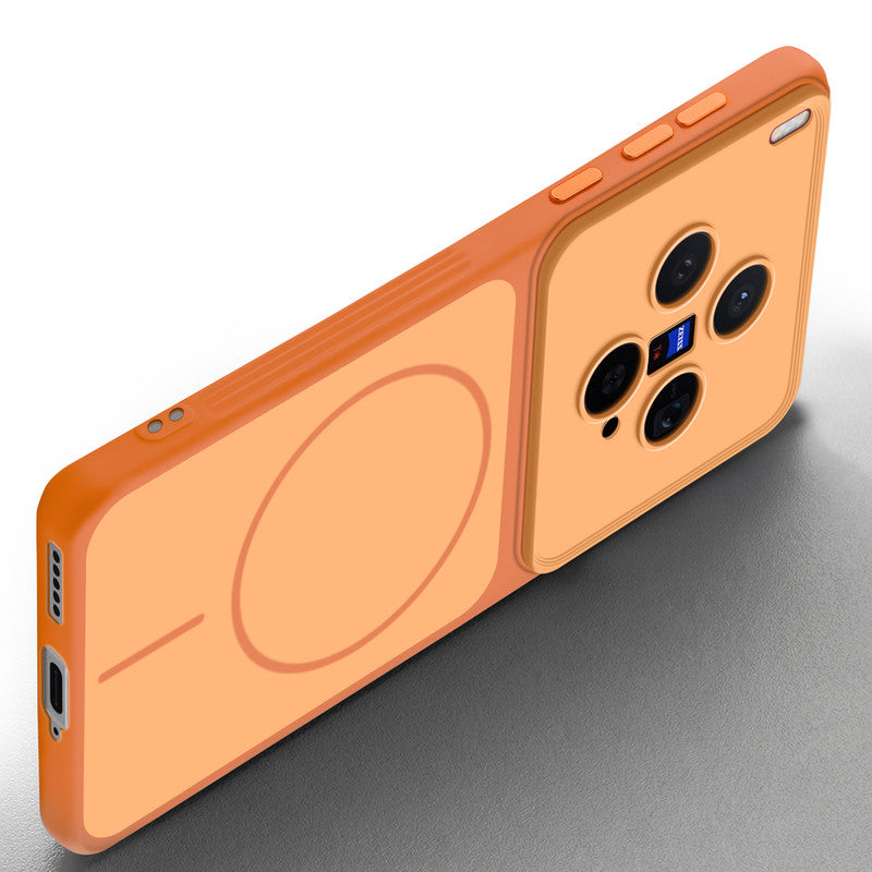 Slim silicone Orange phone case for Vivo X300 5G side angle view showing grip texture and precise cutouts