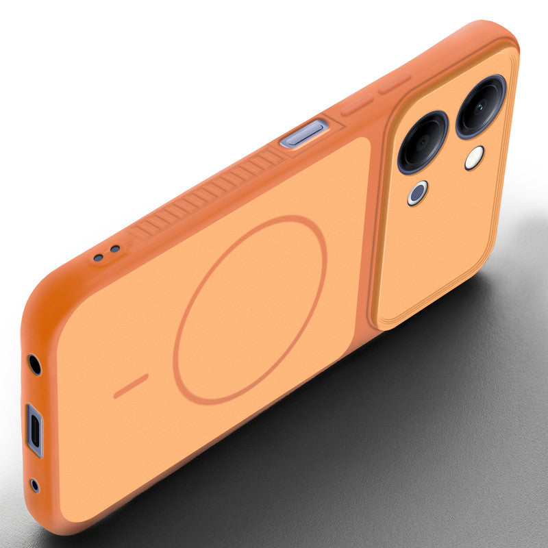 Angled view of Orange mobile case for Vivo Y05 4G with proper charging port cutout, speaker holes and strong corner protection.