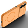 Angled view of Orange mobile case for Vivo Y16 with proper charging port cutout, speaker holes and strong corner protection.