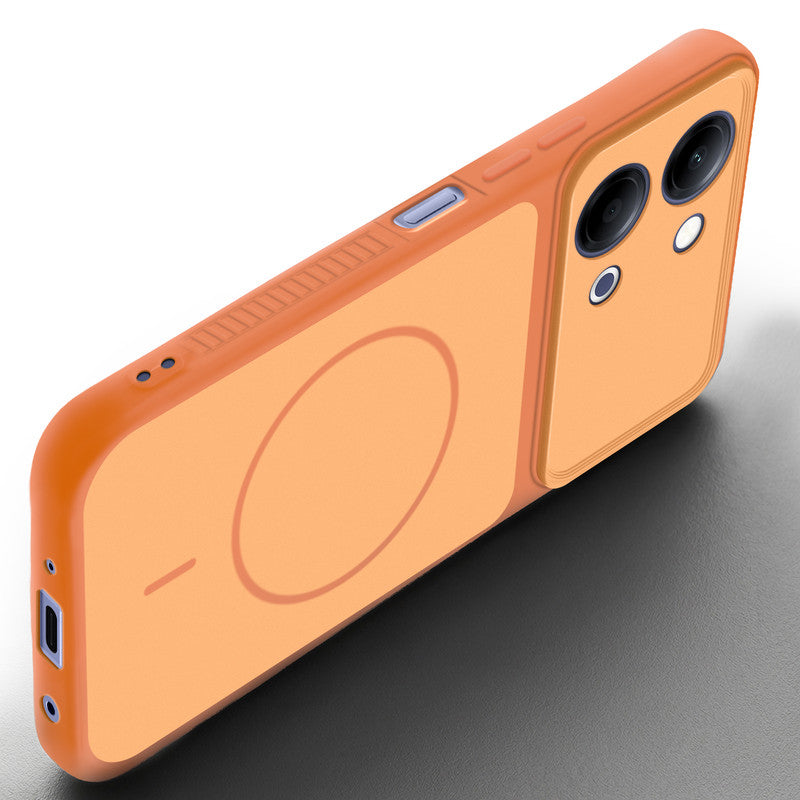 Angled view of Orange mobile case for Vivo Y21 5G with proper charging port cutout, speaker holes and strong corner protection.