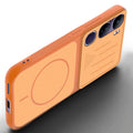 Angled view of Orange mobile case for Vivo Y300 5G with proper charging port cutout, speaker holes and strong corner protection.