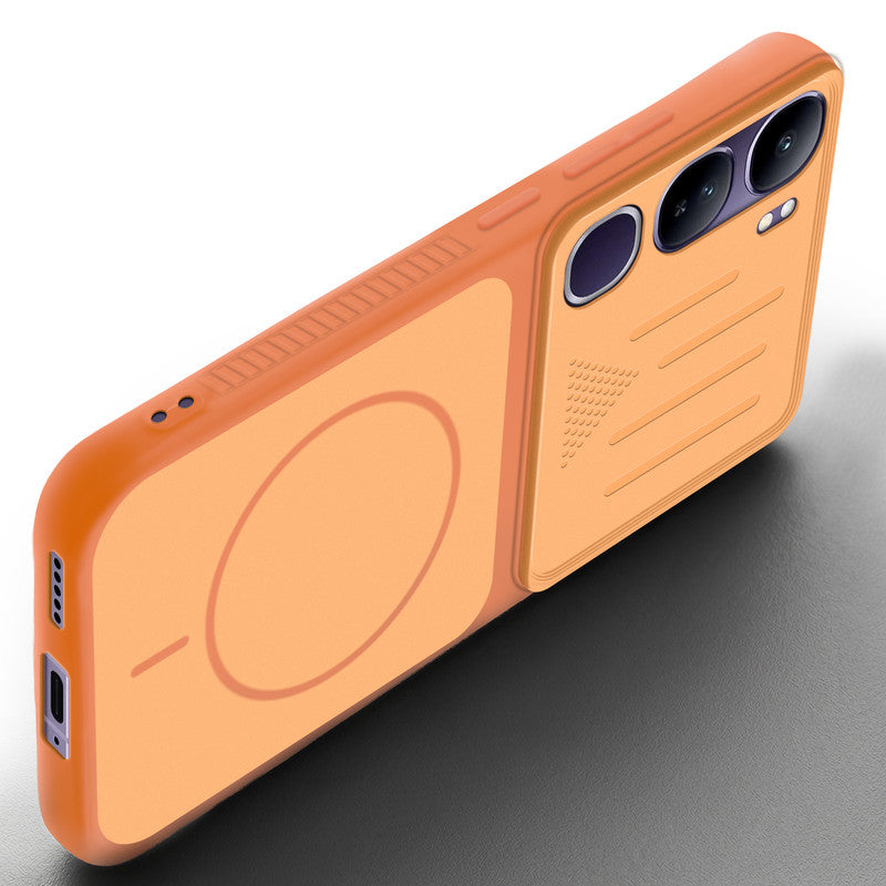 Angled view of Orange mobile case for Vivo Y300 5G with proper charging port cutout, speaker holes and strong corner protection.