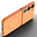 Angled view of Orange mobile case for Vivo Y31 Pro 5G with proper charging port cutout, speaker holes and strong corner protection.