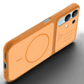 Angled view of Orange mobile case for Vivo Y31 5G with proper charging port cutout, speaker holes and strong corner protection.