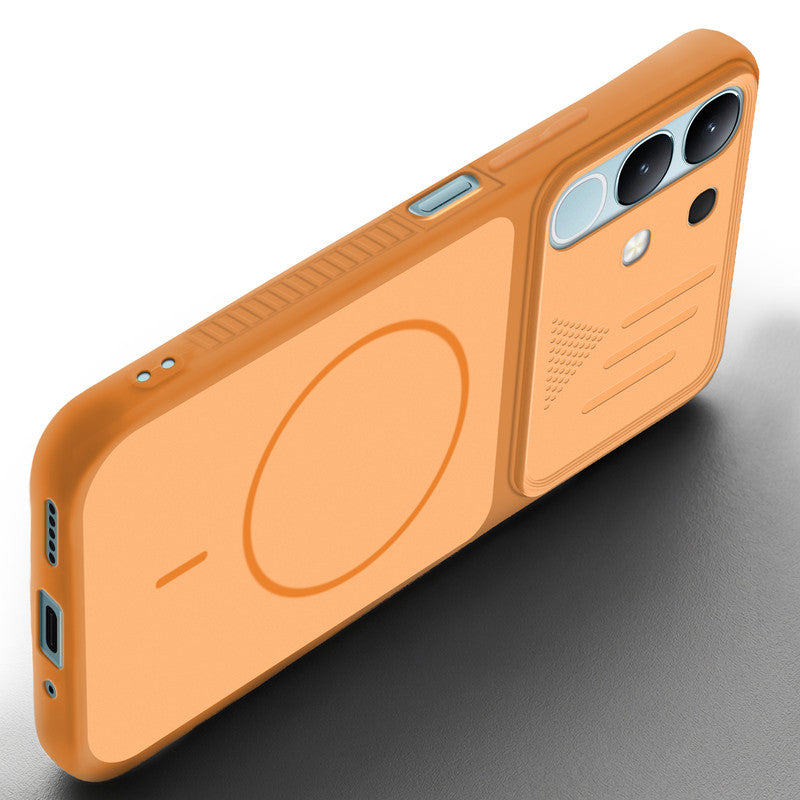 Angled view of Orange mobile case for Vivo Y31 5G with proper charging port cutout, speaker holes and strong corner protection.